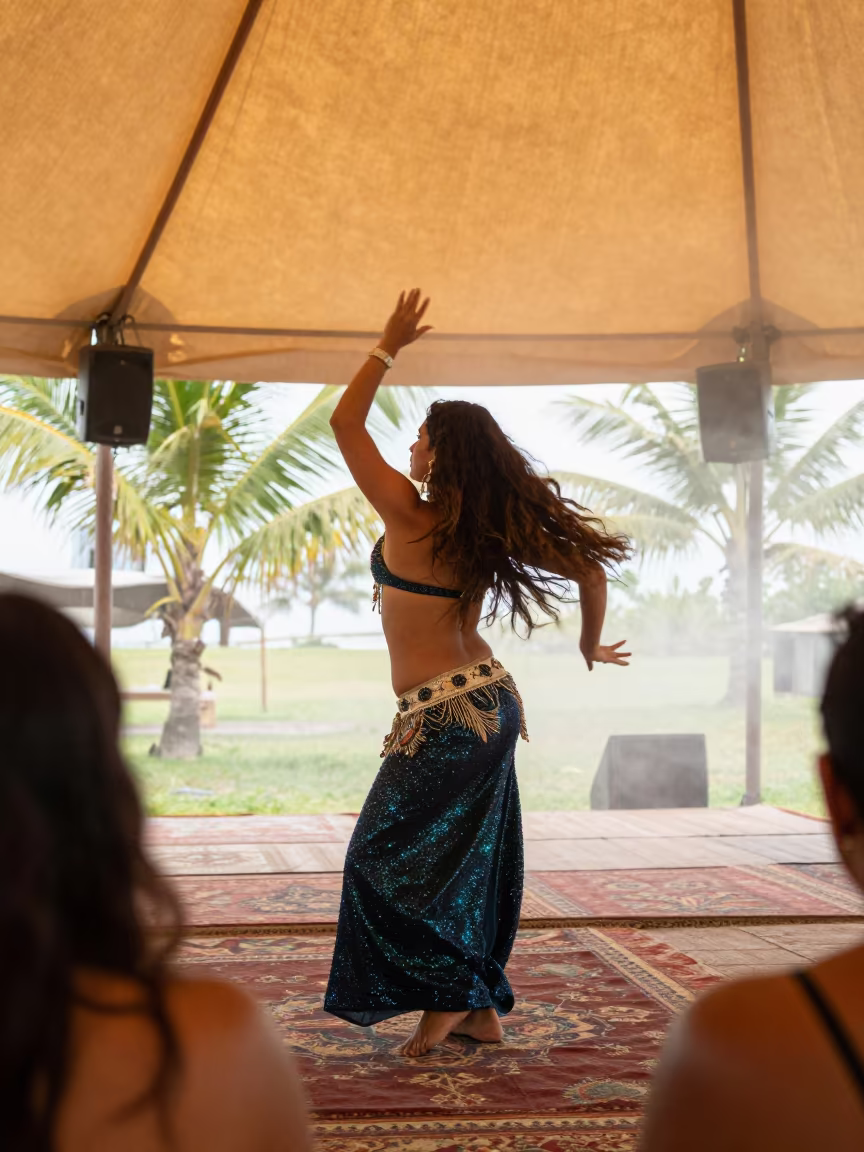 Belly Dancer Shimmering with Zils in Tropical Fog in in Ezeiza