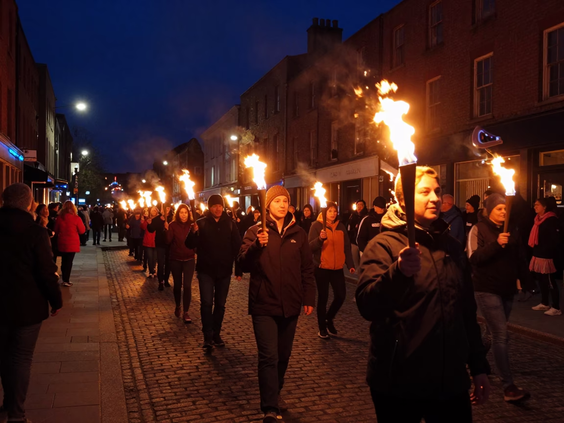 Beltane Fire Festival Torchlight Procession Dublin Ireland Night Street Scene in in Dublin, Ireland