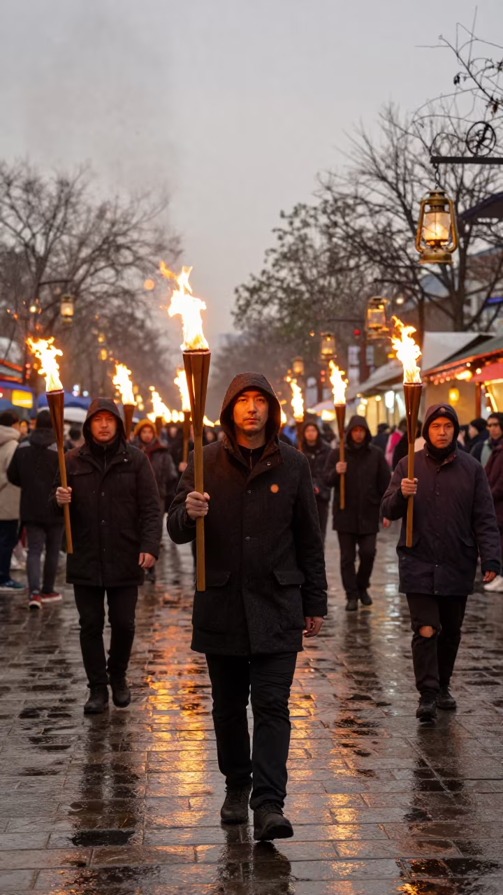 Beltane Torch Procession in Anyang Night Market in at a night market in Anyang