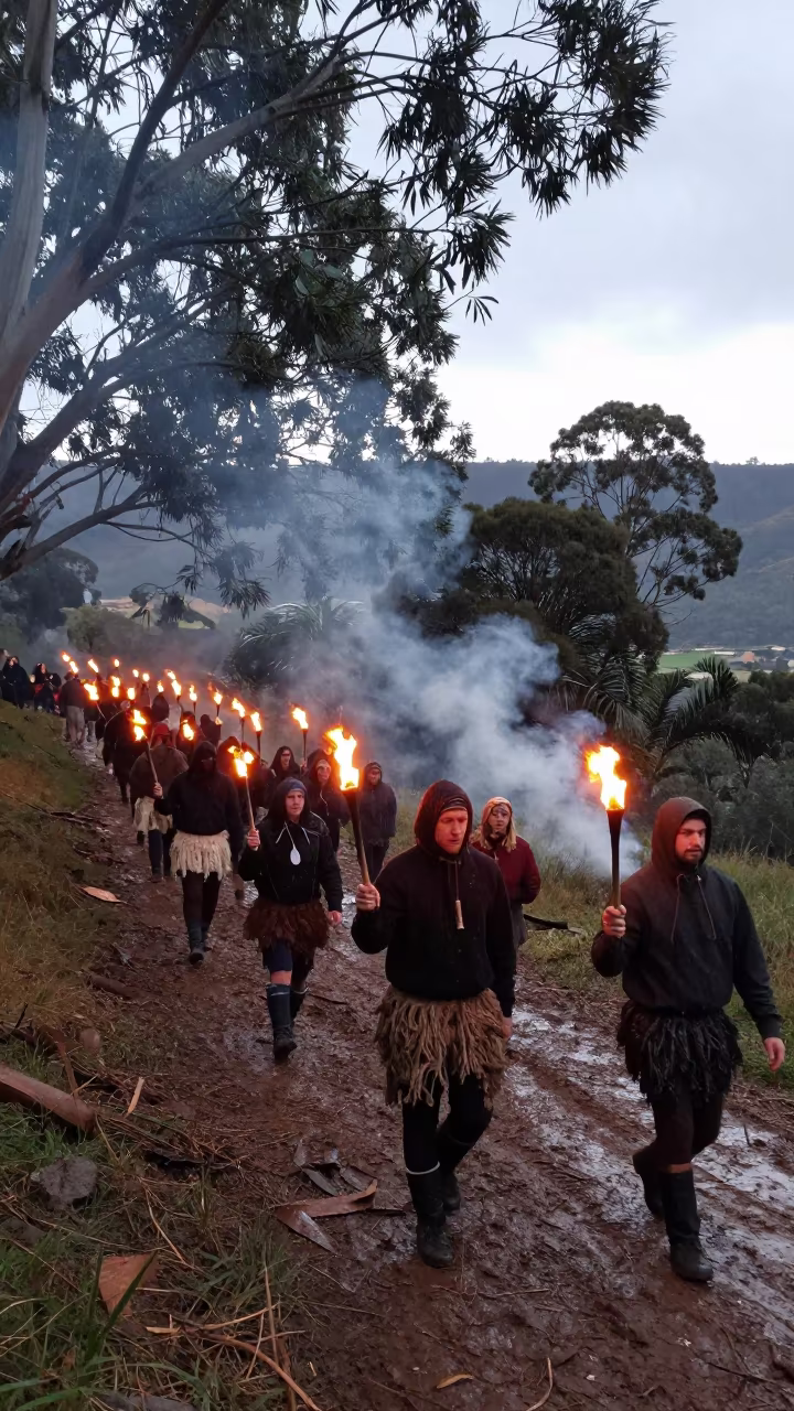 Beltane Torch Procession Rain Drizzle Pietermaritzburg in at a festival street procession near Pietermaritzburg