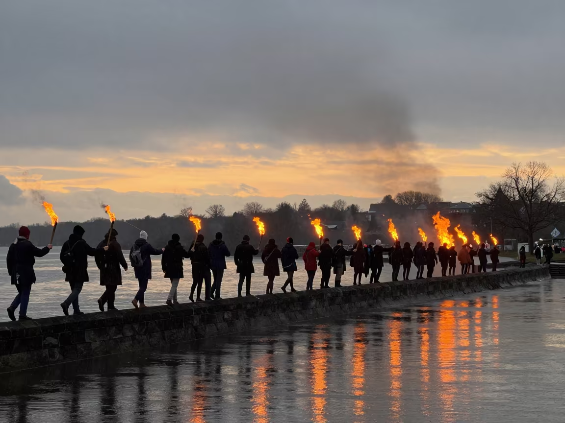 Beltane Torchlight Procession at Assela Waterfront in at a waterfront celebration in Assela