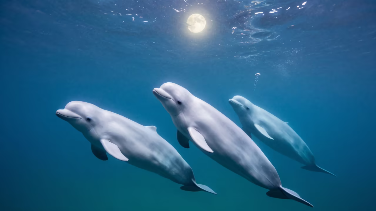 Beluga Pod in Arctic Shallows Under Midnight Moon in near Sapporo
