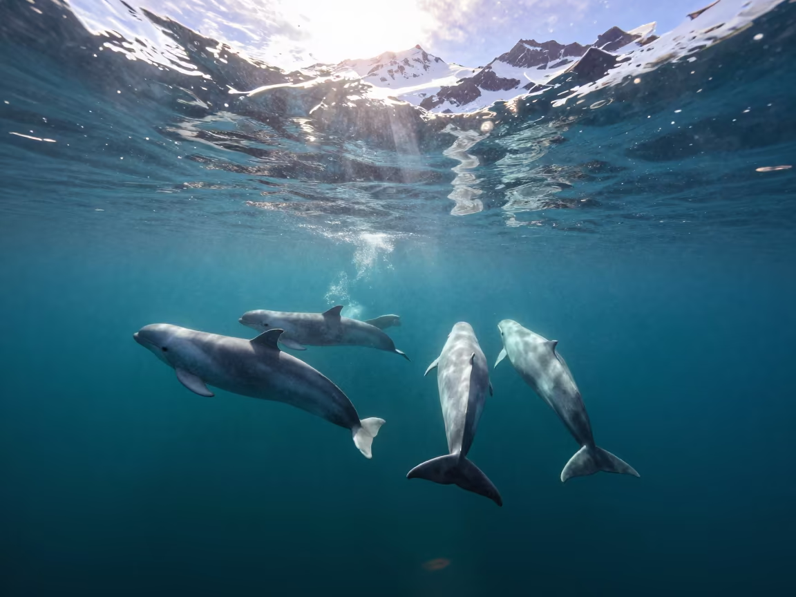 Beluga Pod Swimming Arctic Ice Shallows in through dark polar water below fractured ice in Alaska
