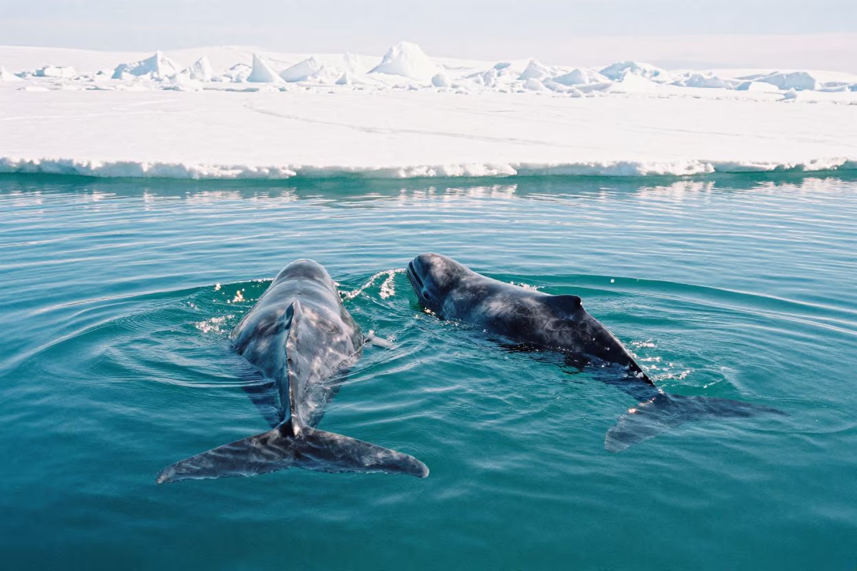 Beluga Pod in Turquoise Arctic Shallows in through dark polar water below fractured ice in Finland