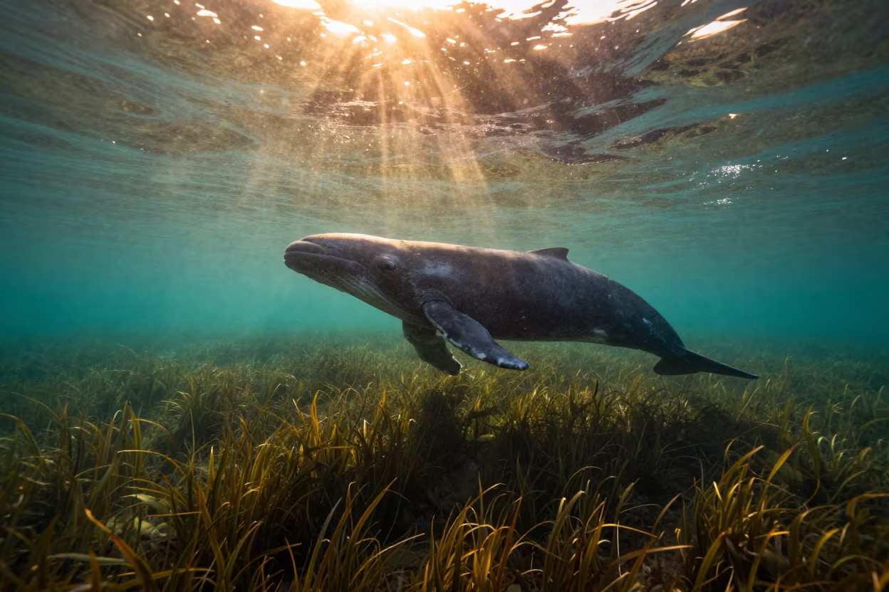 Beluga Silhouette in Durban Seagrass in above a seagrass meadow near Durban