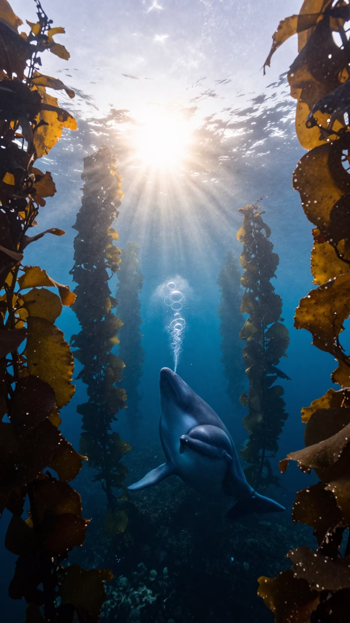 Beluga Whale Bubble Rings in Kelp Forest Dawn in through a forest of kelp fronds in Queensland