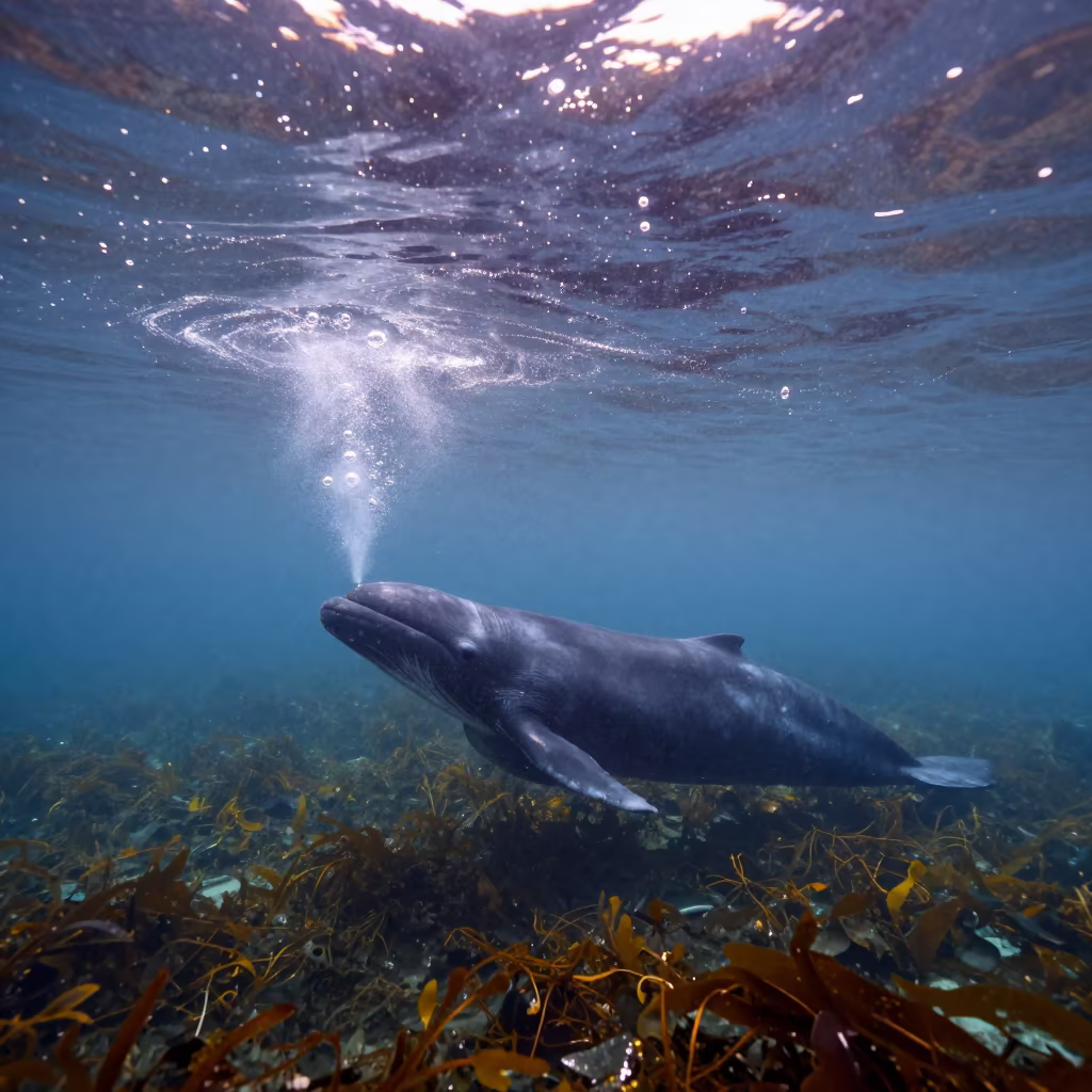 Beluga Whale Bubble Rings Kerala Dawn in along a kelp-fringed shelf in Kerala