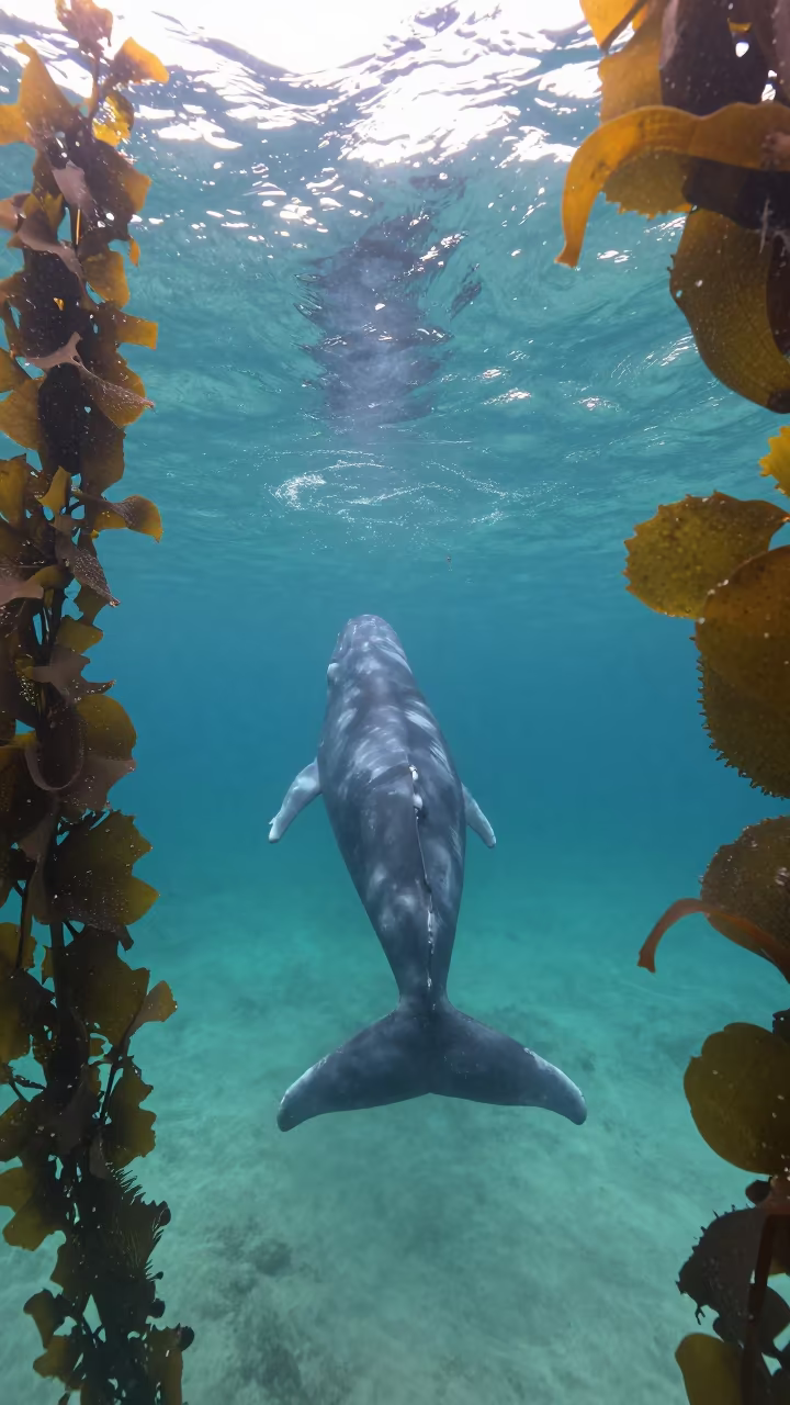 Beluga Whale in Tanzanian Kelp Forest in through a forest of kelp fronds in Tanzania