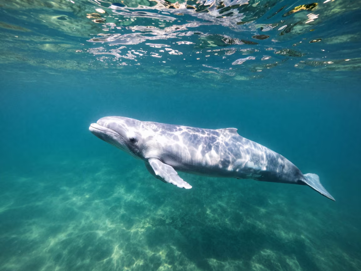 Beluga Whale in Thai Shallow Turquoise Waters in in Thailand