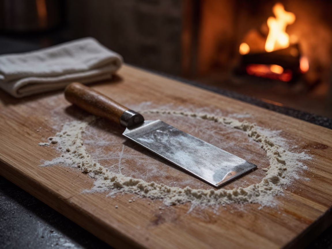 Bench Scraper on Flour Dust in Oaxaca Kitchen in on a wooden workbench in Oaxaca