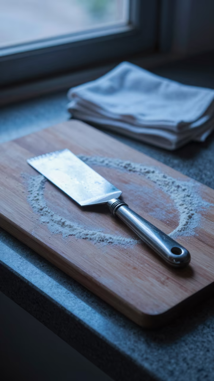 Bench scraper on flour dusted board in on a stone ledge in Kollam