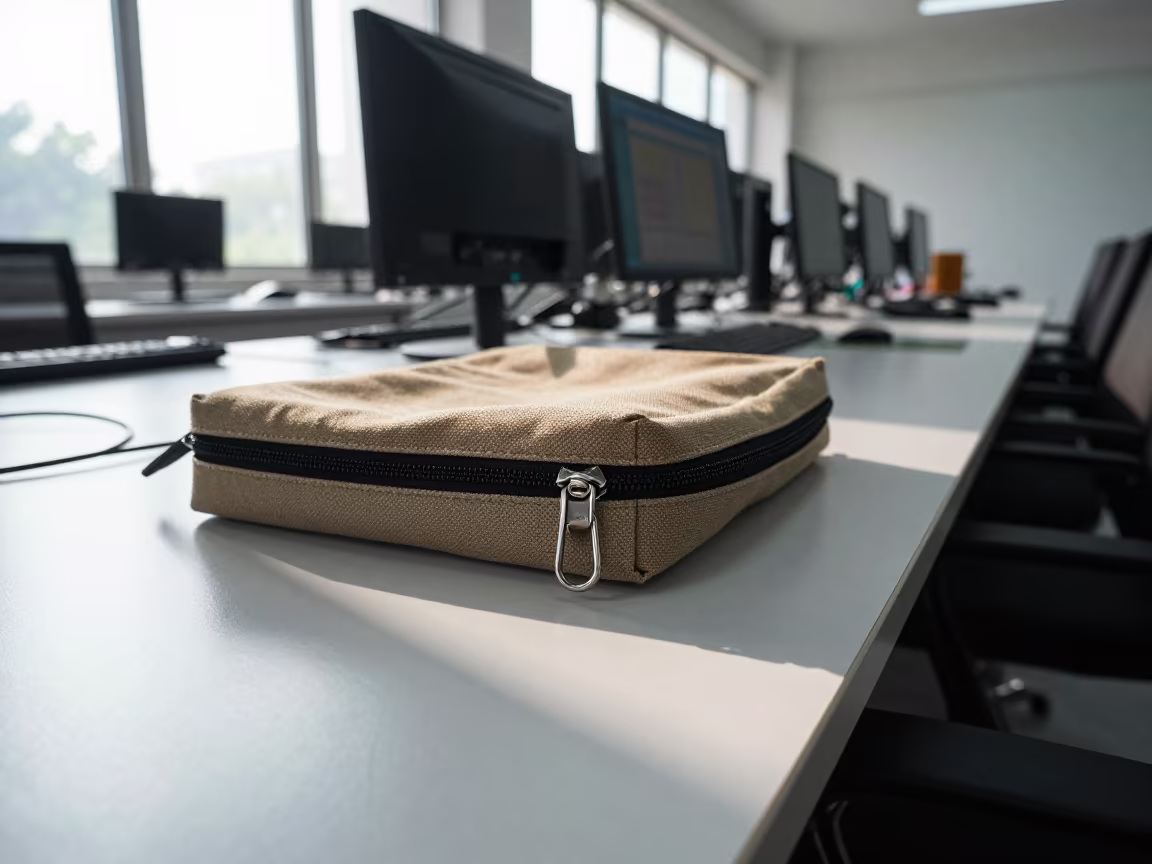 Benefits Fair Table Clip Bag in Medan Operations Center in in an operations center under monitor glow in Medan