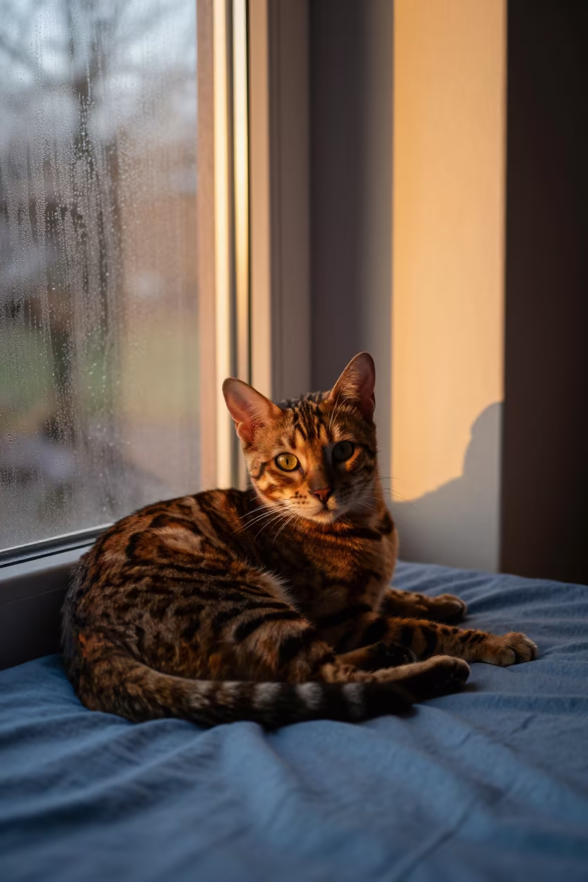 Bengal Cat Lounging on Bedspread in Amber Sunset Light in on a bedspread near a bright window with calm indoor light in Gloucester