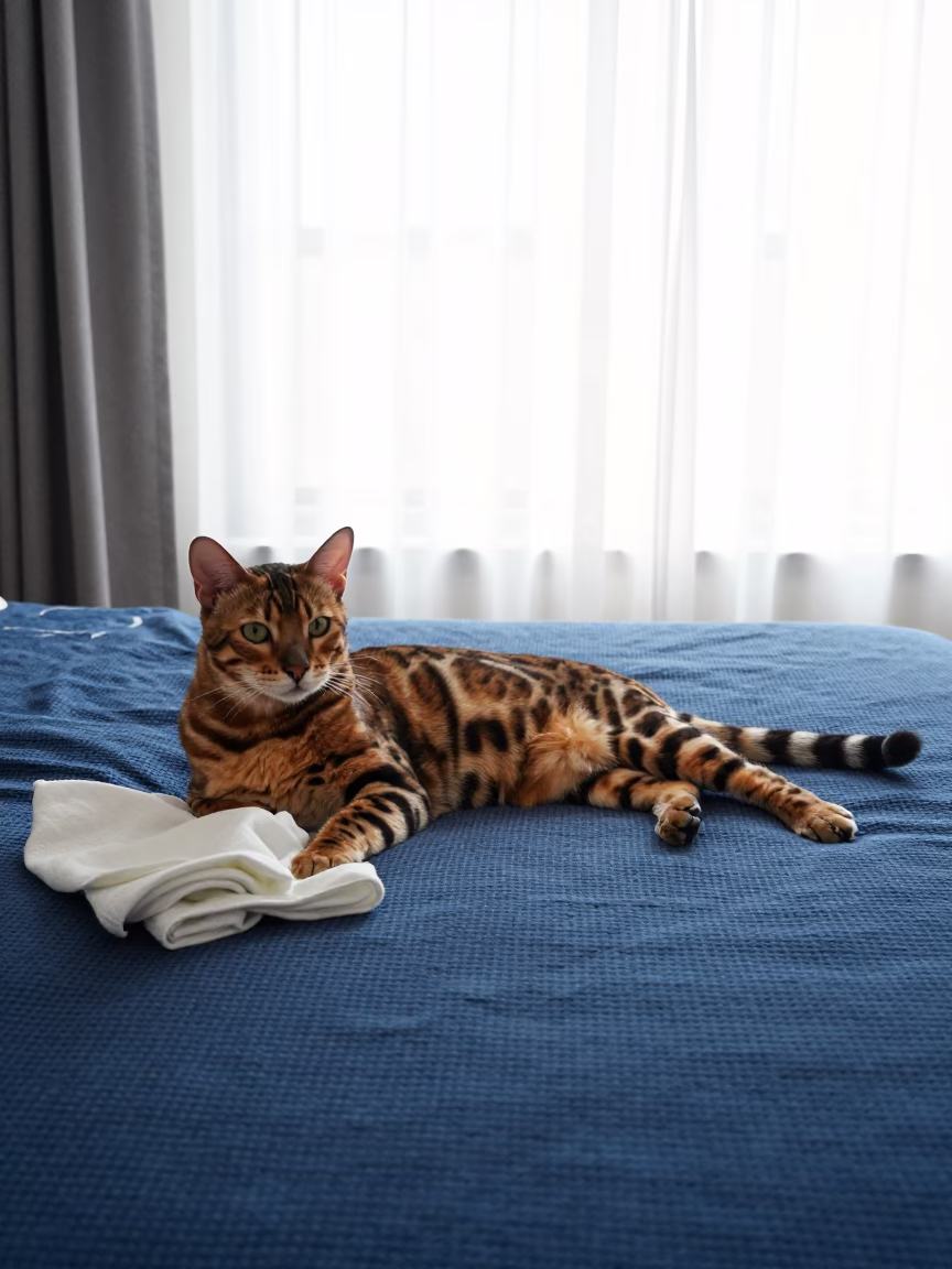 Bengal Cat Lounging on Bedspread Near Window in Puebla in on a bedspread near a bright window with calm indoor light in Puebla