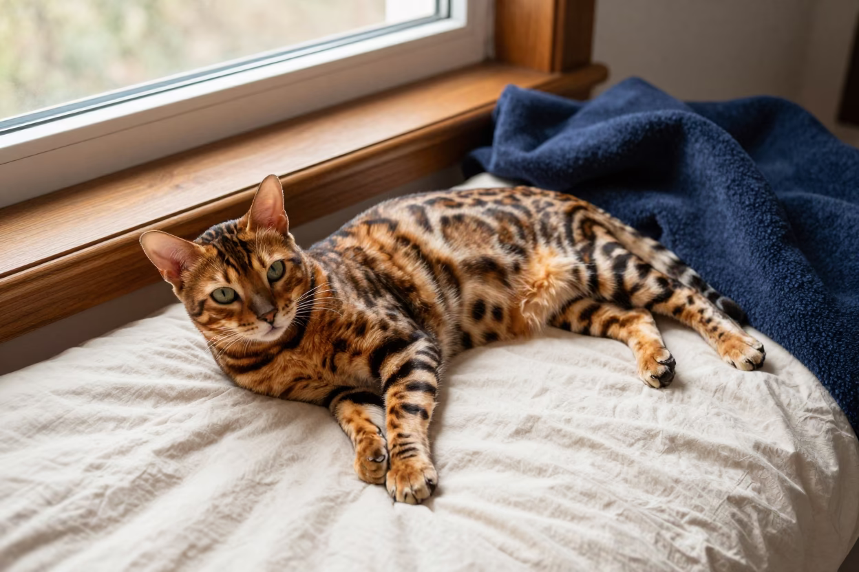 Bengal Cat Lounging on Bedspread Near Window in on a bedspread near a bright window with calm indoor light in Thủ Đức
