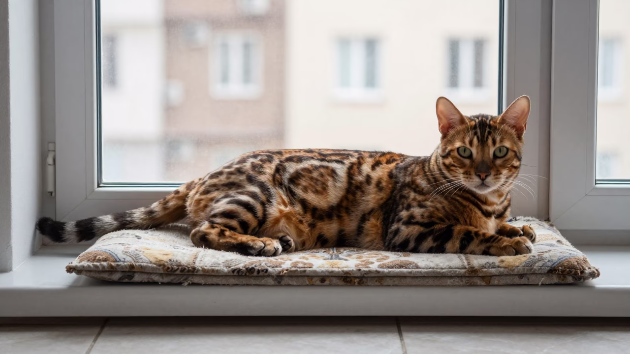 Bengal Cat Lounging on Shymkent Window Seat in on a window seat in a quiet apartment with soft side light in Shymkent