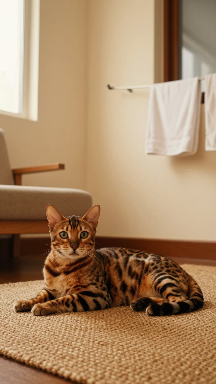 Bengal Cat Lounging on Woven Rug Near Raipur Couch in on a woven rug beside a low couch and an uncluttered wall near Raipur