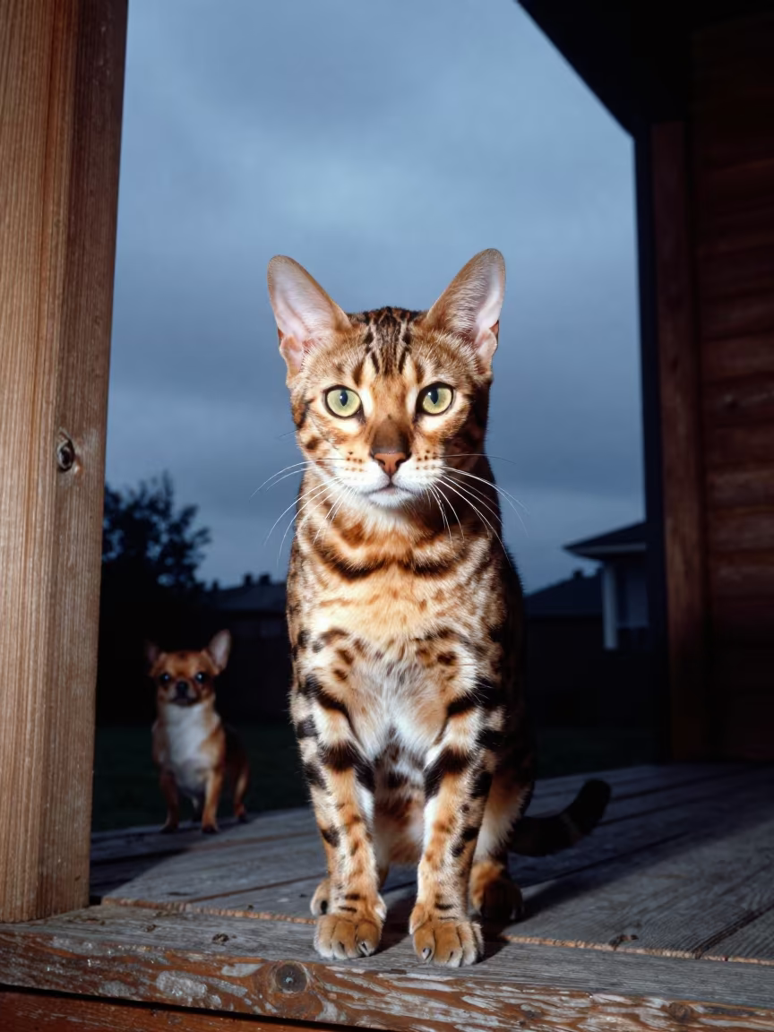 Bengal Cat on Shaded Chihuahua Porch Twilight in on a shaded front porch with boards, railings, and eye-level framing in Chihuahua