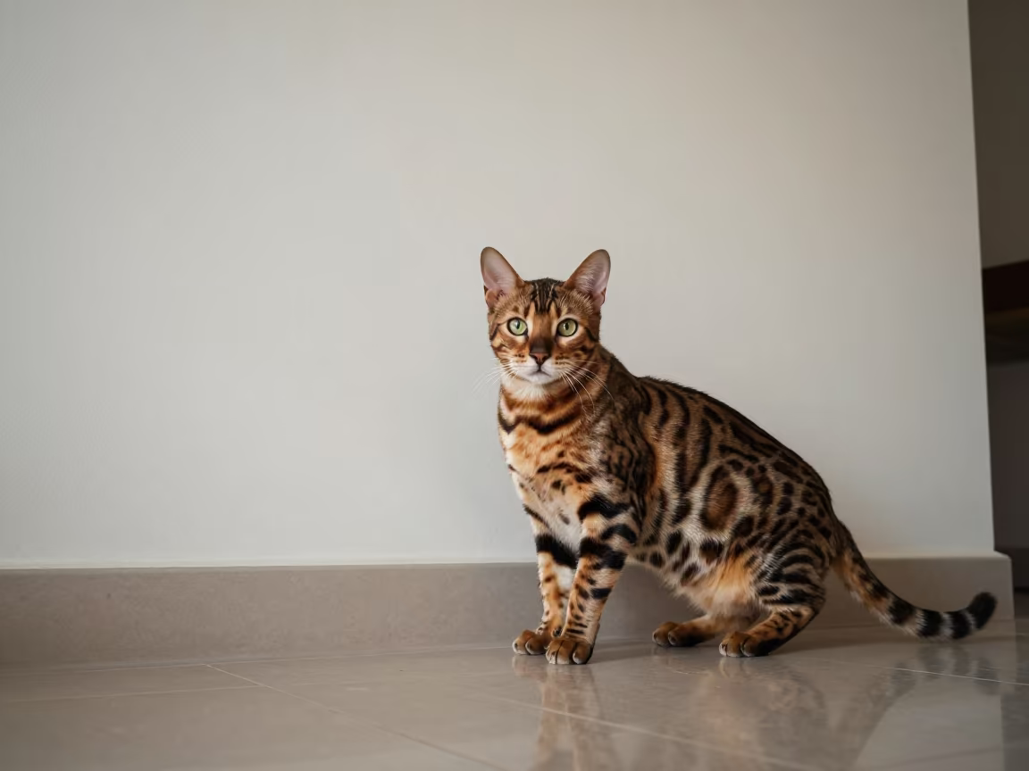 Bengal Cat Portrait Beside Plaster Wall in beside a plain plaster wall in soft indoor light with the animal centered in frame near Corfu