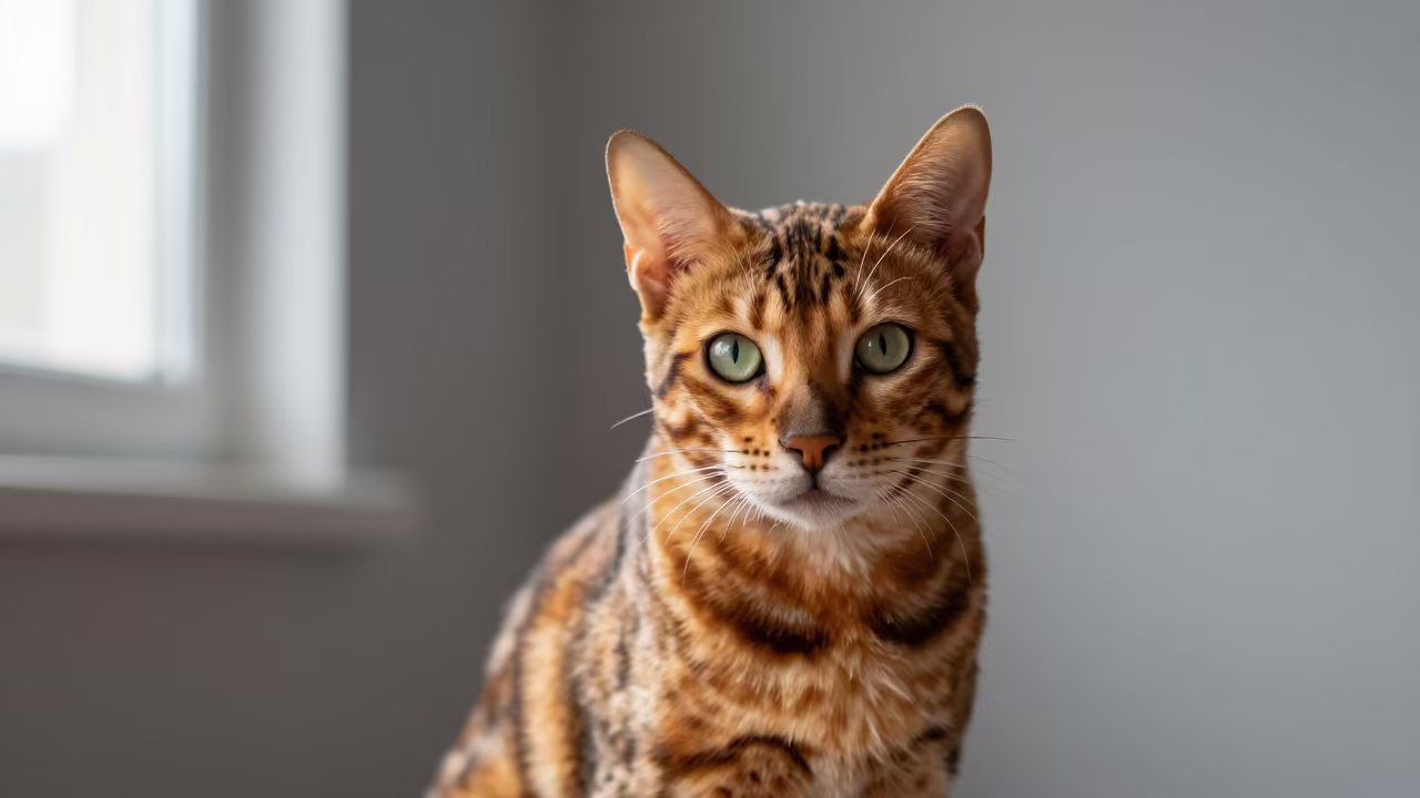 Bengal Cat Portrait in Honey Light Studio in in a quiet portrait studio with a plain backdrop and eye-level framing in Milwaukee