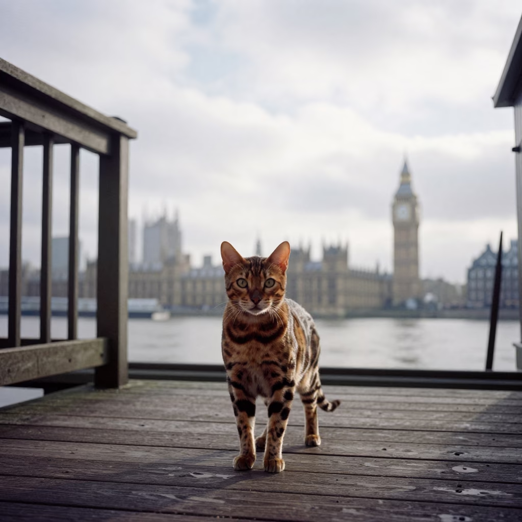 Bengal Cat Portrait on Westminster Porch in on a shaded front porch with boards, railings, and eye-level framing in City of Westminster