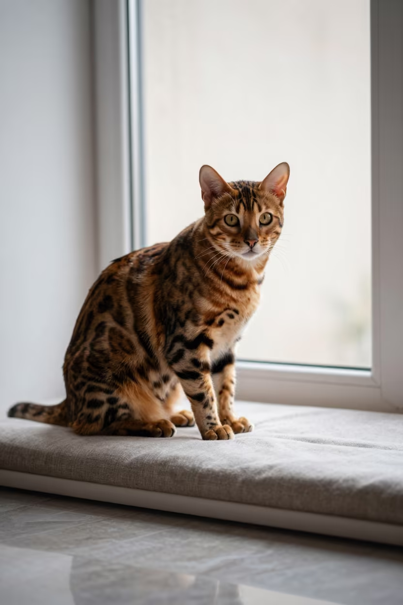 Bengal Cat Portrait on Window Seat Near Valencia in on a cushioned window seat with soft side light and an uncluttered background near Valencia