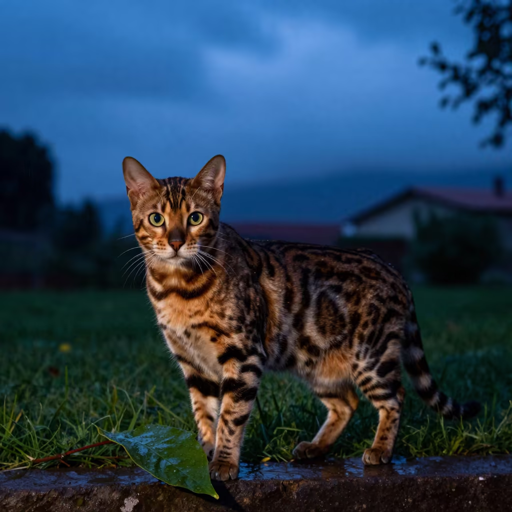 Bengal Cat Silhouette in Twilight Garden Valle de la Pascua in in a small yard with clipped grass, calm light, and the animal centered in frame near Valle de la Pascua
