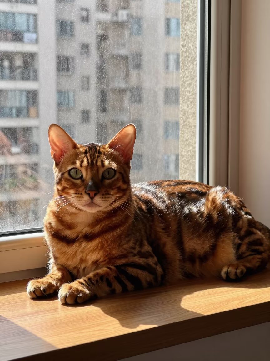 Bengal Longhair Cat in Keelung Window Light in on a window seat in a quiet apartment with soft side light in Keelung