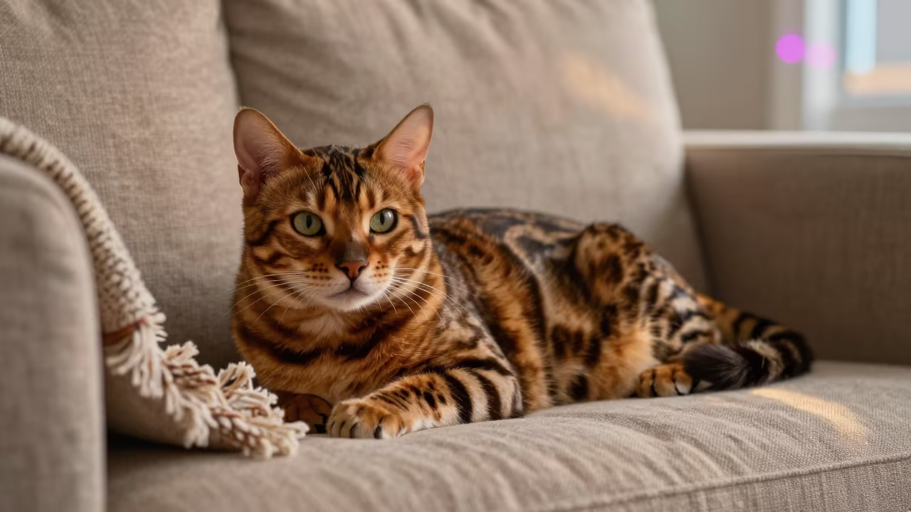 Bengal Longhair Cat on Linen Sofa in Phrae in on a linen sofa with daylight from a nearby window near Phrae