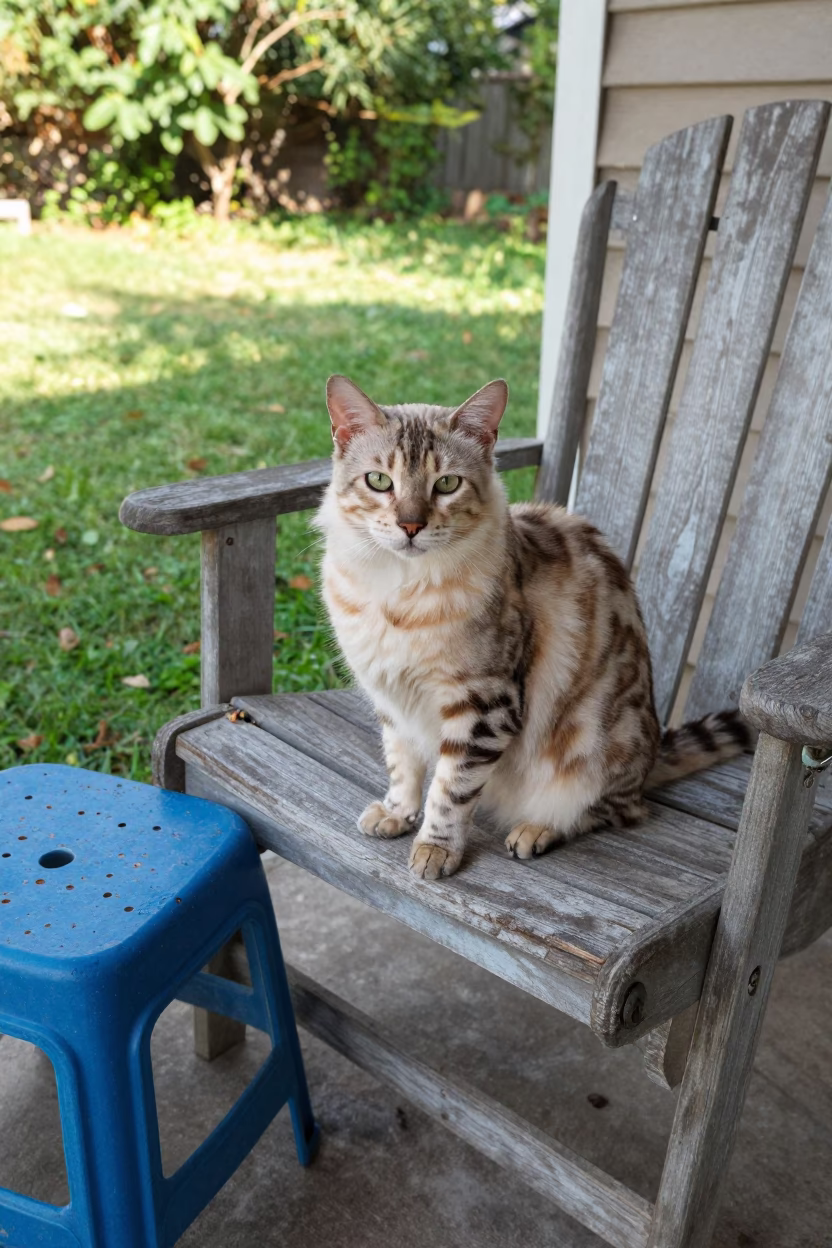 Bengal Longhair Cat on Shaded Kumasi Porch in in a small yard with clipped grass, calm light, and the animal centered in frame in Kumasi
