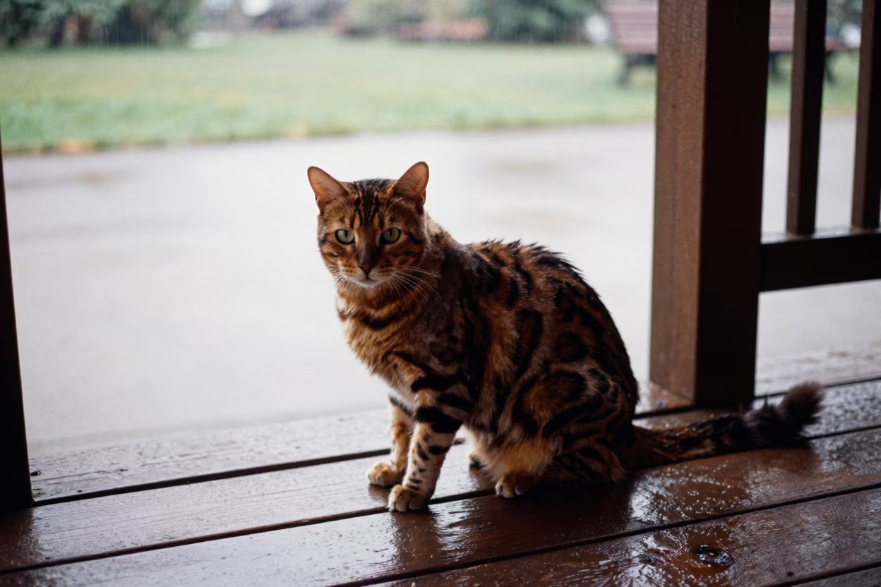 Bengal Longhair Cat on Shaded Porch in Late Afternoon in along a quiet park path with soft open shade and a clean background near Cochabamba