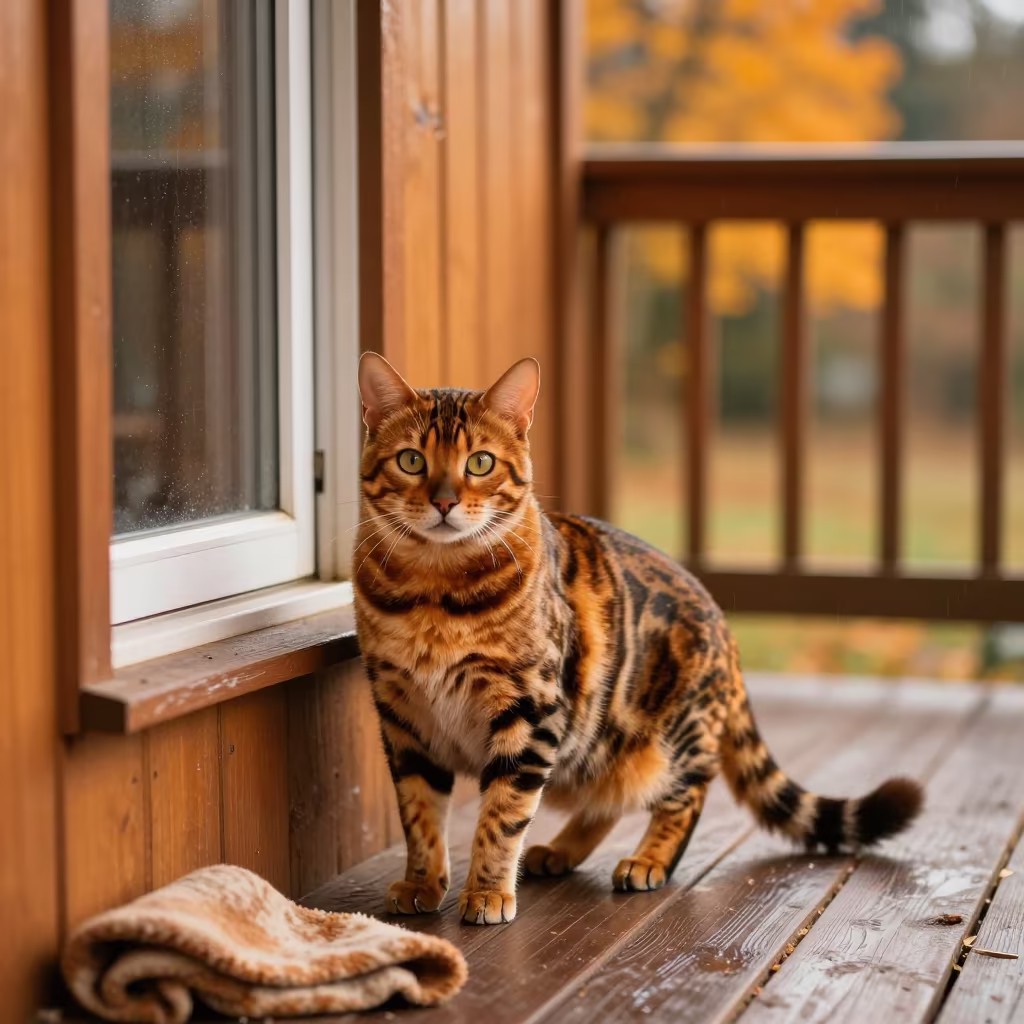Bengal Longhair Cat on Sidon Porch in on a shaded front porch with boards, railings, and eye-level framing in Sidon