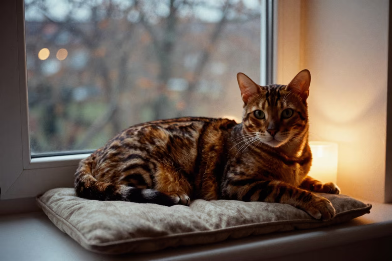 Bengal Longhair Cat on Window Seat in Winter in on a window seat in a quiet apartment with soft side light near Regina