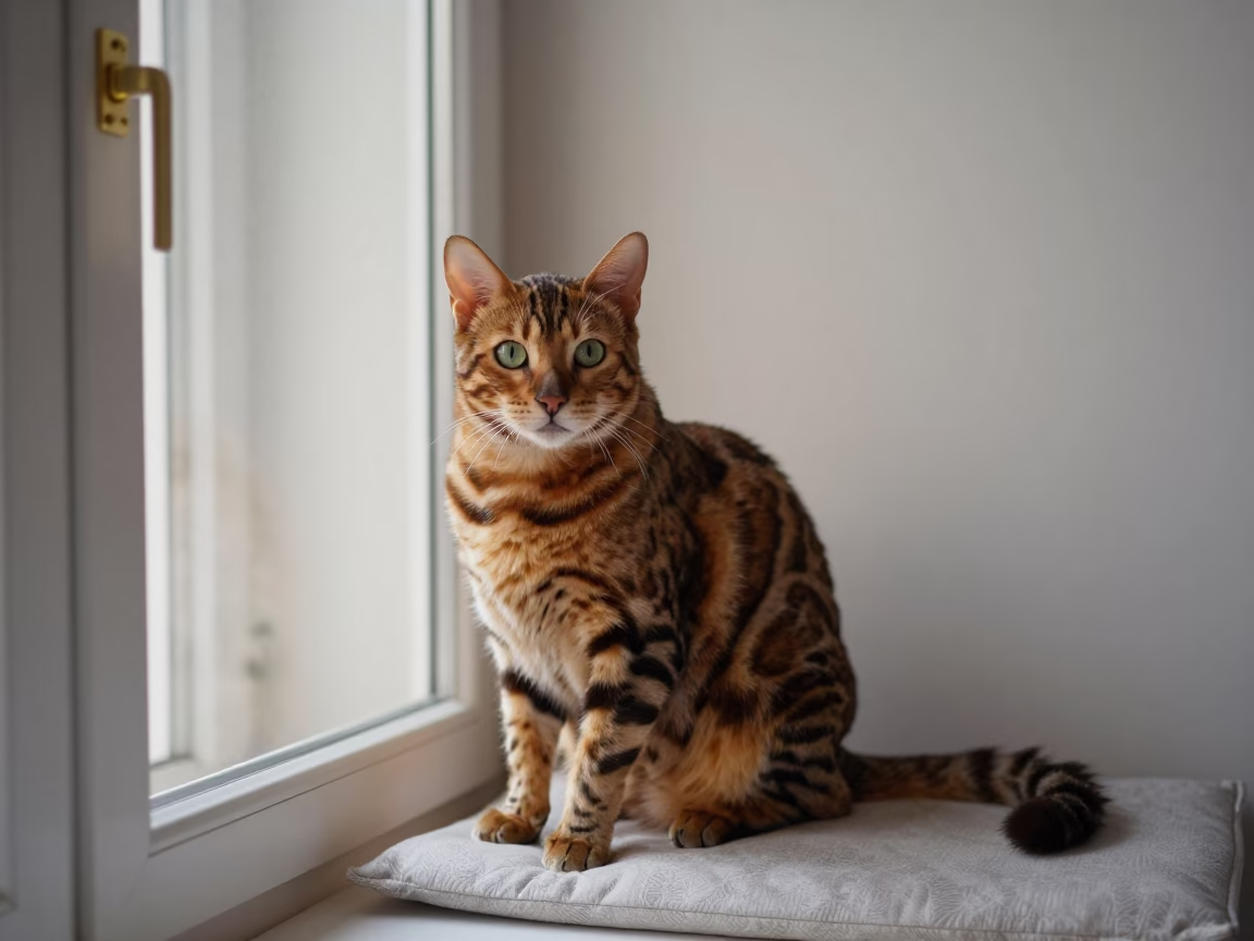Bengal Longhair Cat Portrait on Vienna Window Seat in on a cushioned window seat with soft side light and an uncluttered background in Vienna