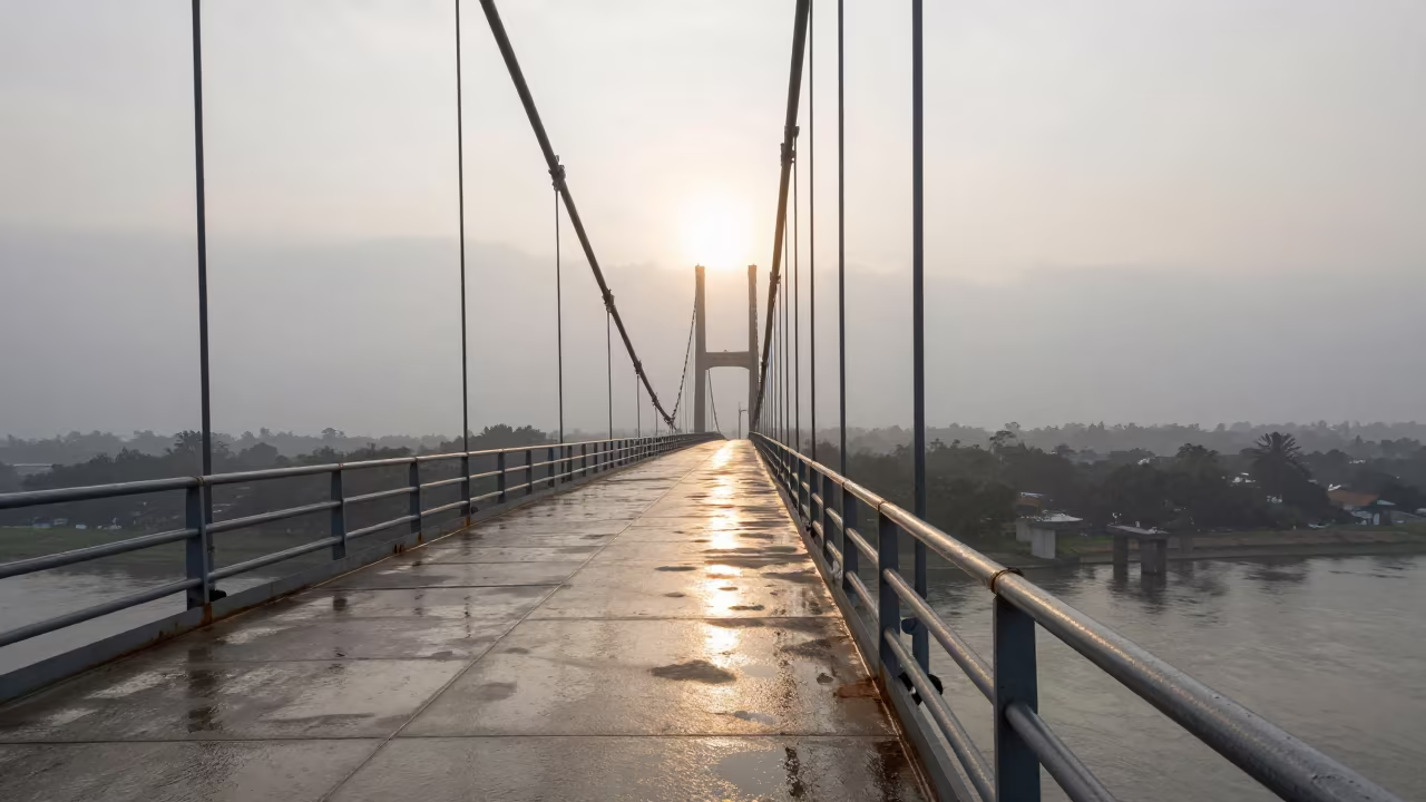 Benin Bridge Deck Shining After Storm at Dawn in beneath a bridge span in Benin