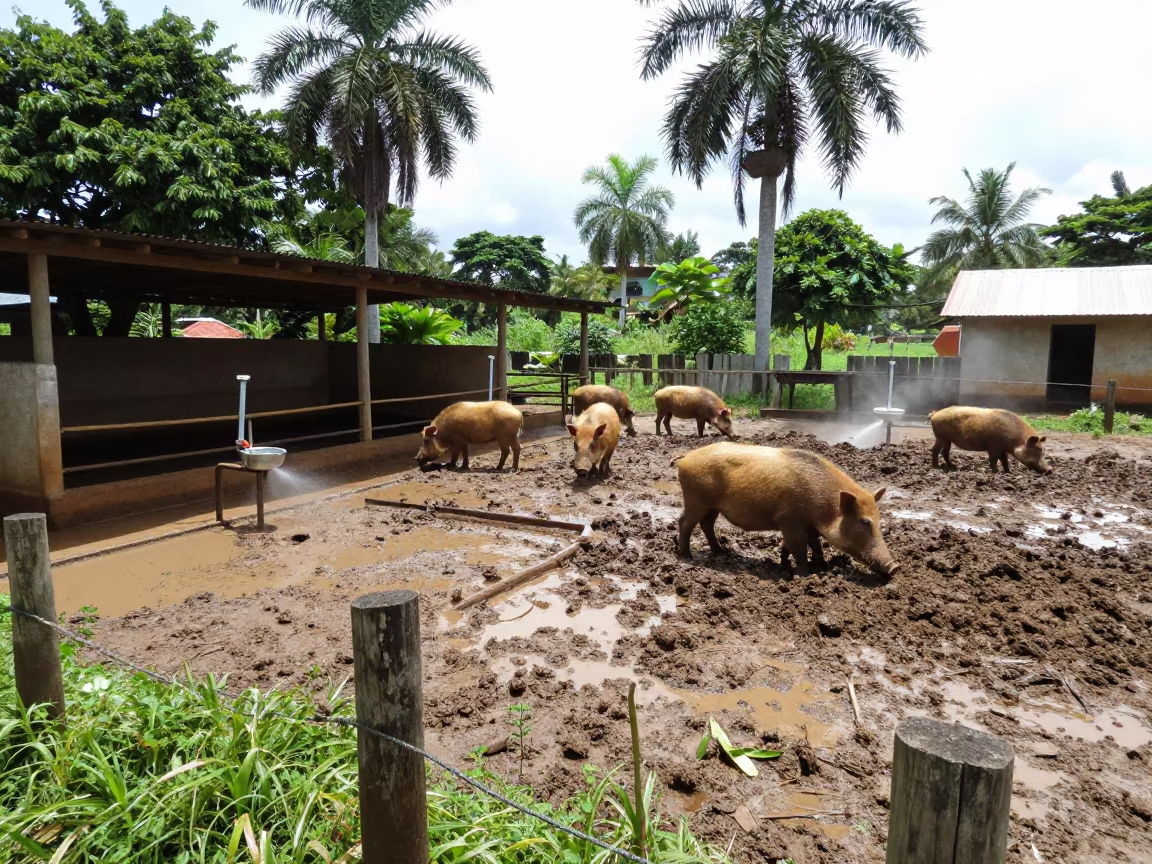 Benin Hog Yard Wet Season Midday View in along a muddy paddock fence in Benin