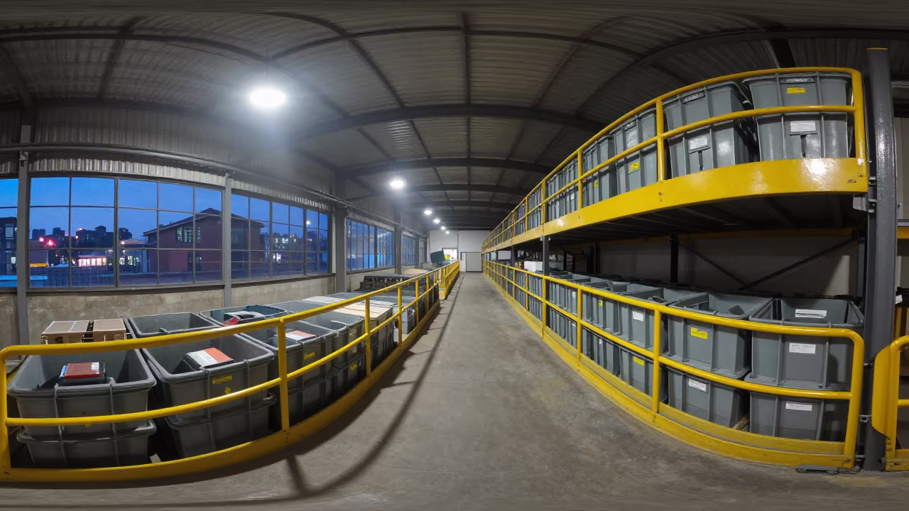 Benin Warehouse Mezzanine Pick Path at Dusk in inside a warehouse aisle near Benin City