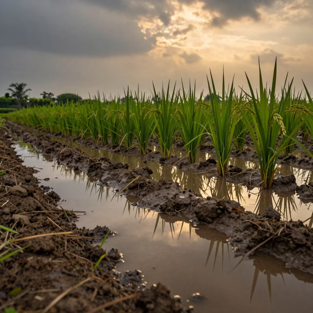 Bent Rice Seedlings in Evening Storm Light in at the edge of a tea plantation in West Bengal