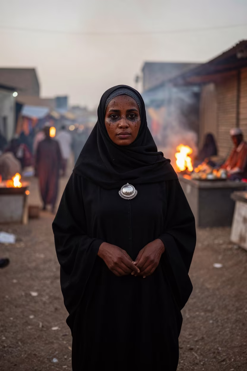Berber Woman Silver Brooch Dawn Market in along a market lane in Maiduguri