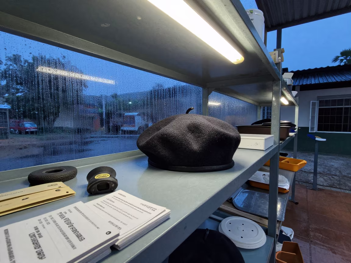 Beret Shaping Form on Shelf in Chittoor Mess Hall in in a mess hall before service in Chittoor