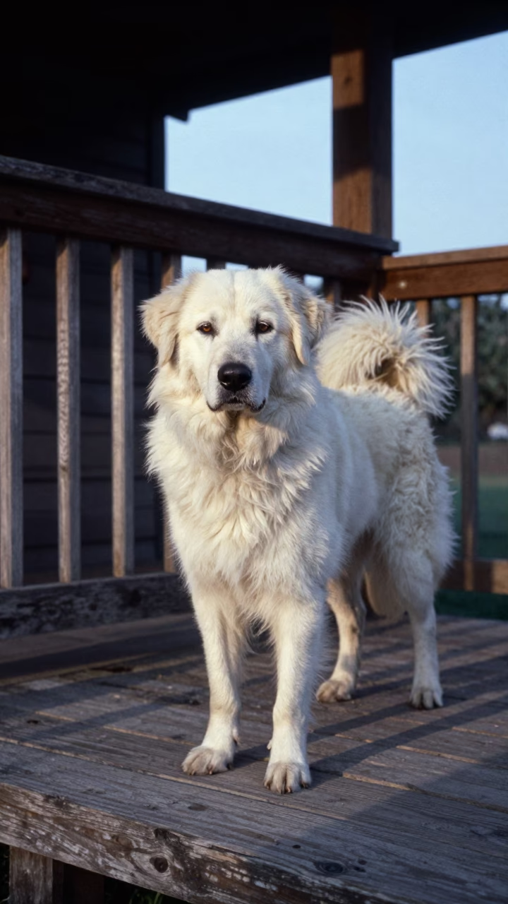 Bergamasco Sheepdog on Shaded Ambato Porch in on a shaded front porch with boards, railings, and eye-level framing near Ambato