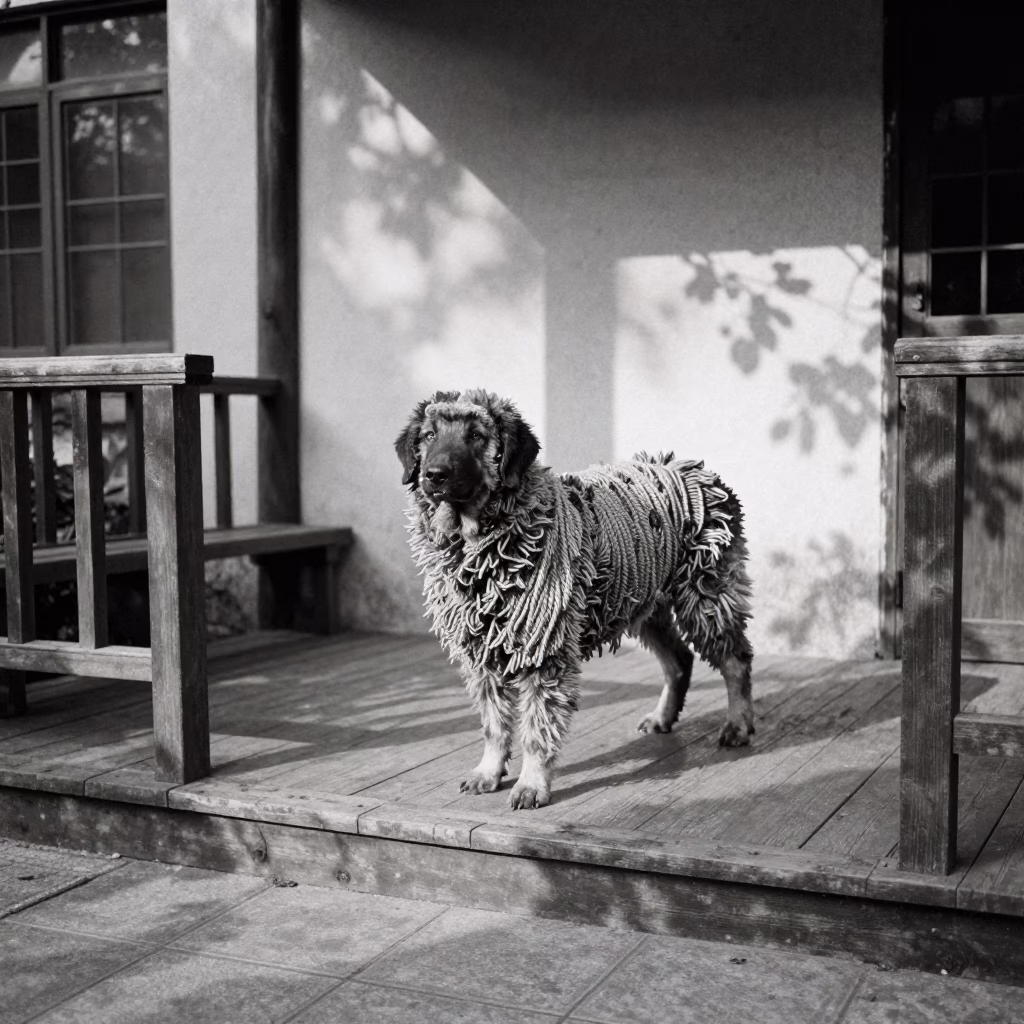 Bergamasco Sheepdog on Wuhan Porch with Grainy Texture in on a shaded front porch with boards, railings, and eye-level framing in Wuhan