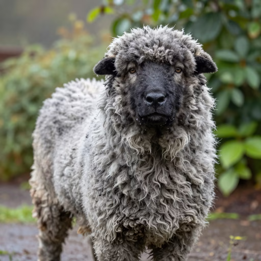 Bergamasco Sheepdog Portrait in Arua Garden Light in near a garden edge with soft morning light and an uncluttered background in Arua