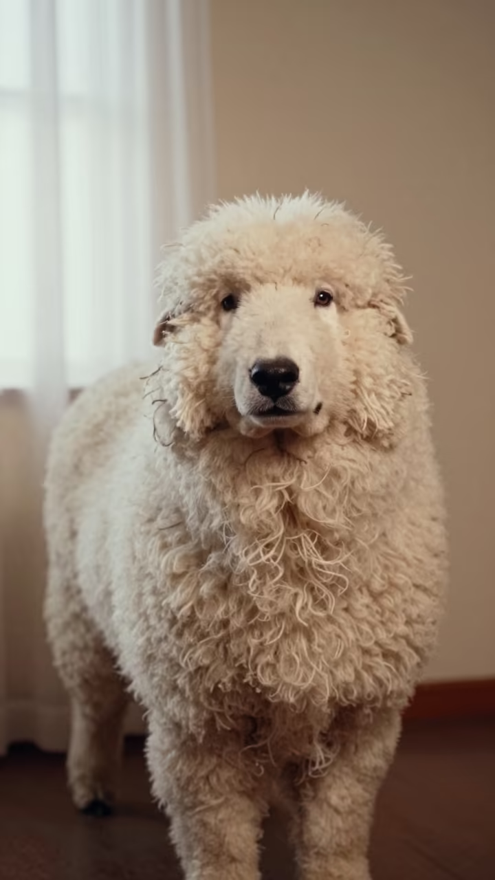 Bergamasco Sheepdog Portrait Mid 1960s in beside a plain plaster wall in soft indoor light with the animal centered in frame near Daejeon