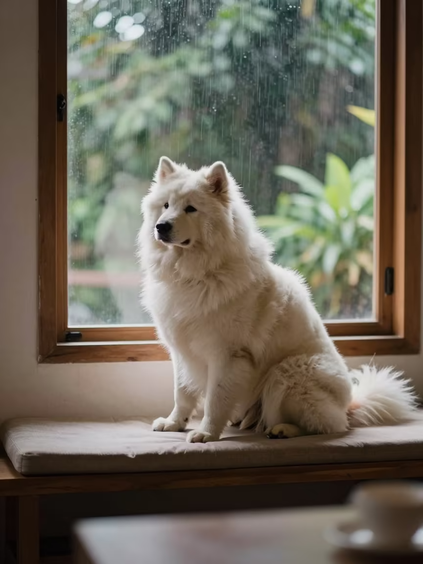 Bergamasco Sheepdog Portrait on Window Seat in on a cushioned window seat with soft side light and an uncluttered background in Chiang Mai