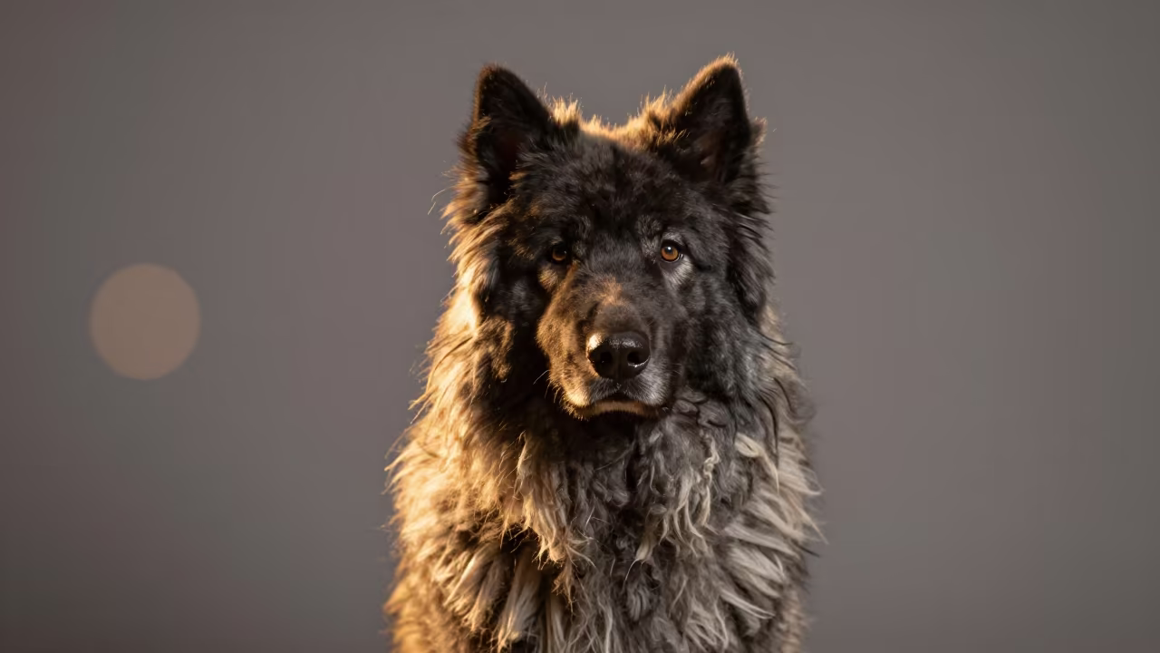 Bergamasco Sheepdog Portrait with Felted Coat Texture in in a quiet portrait studio with a plain backdrop and eye-level framing in London