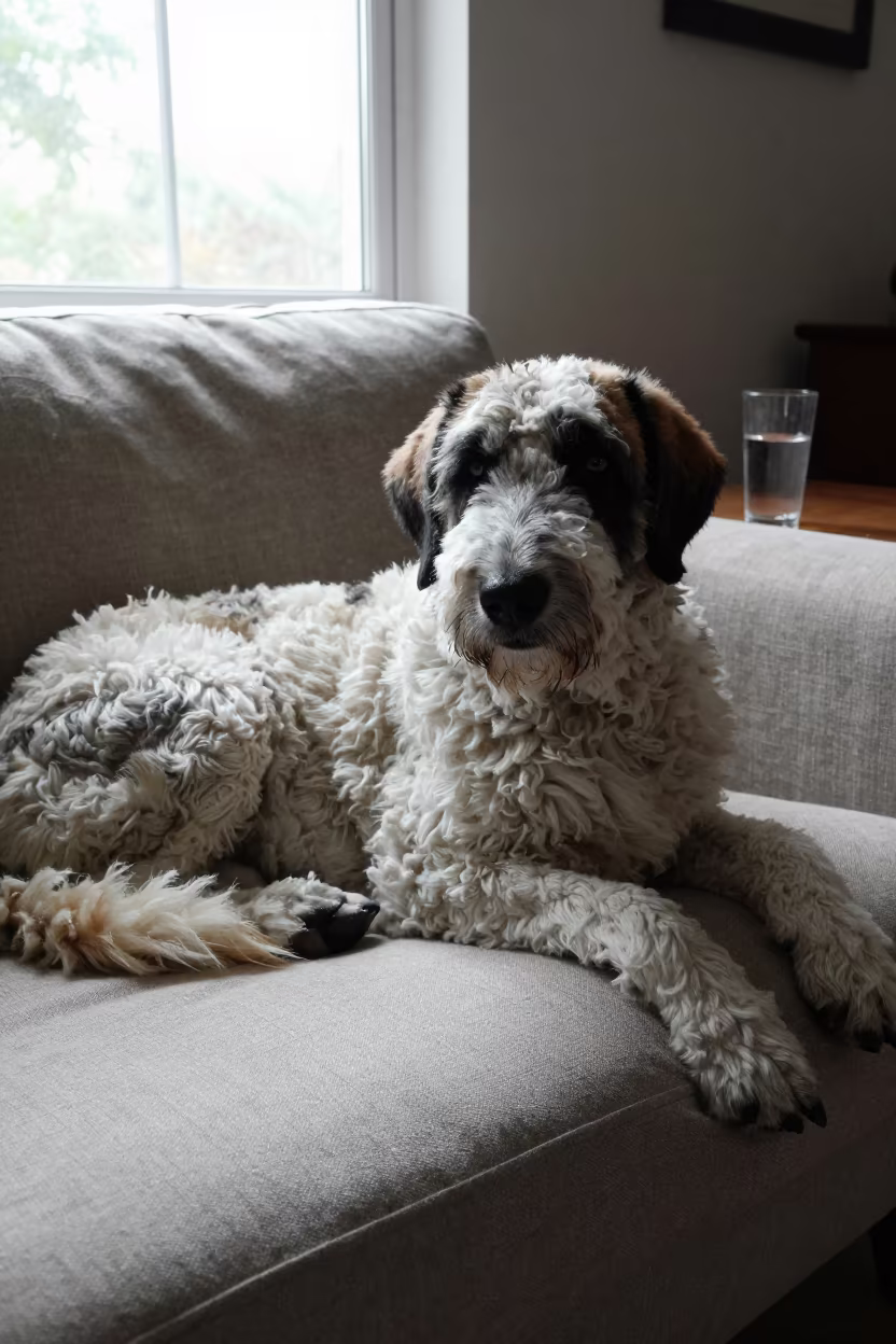 Bergamasco Sheepdog Resting on Linen Sofa in on a linen sofa with daylight from a nearby window in Jabalpur