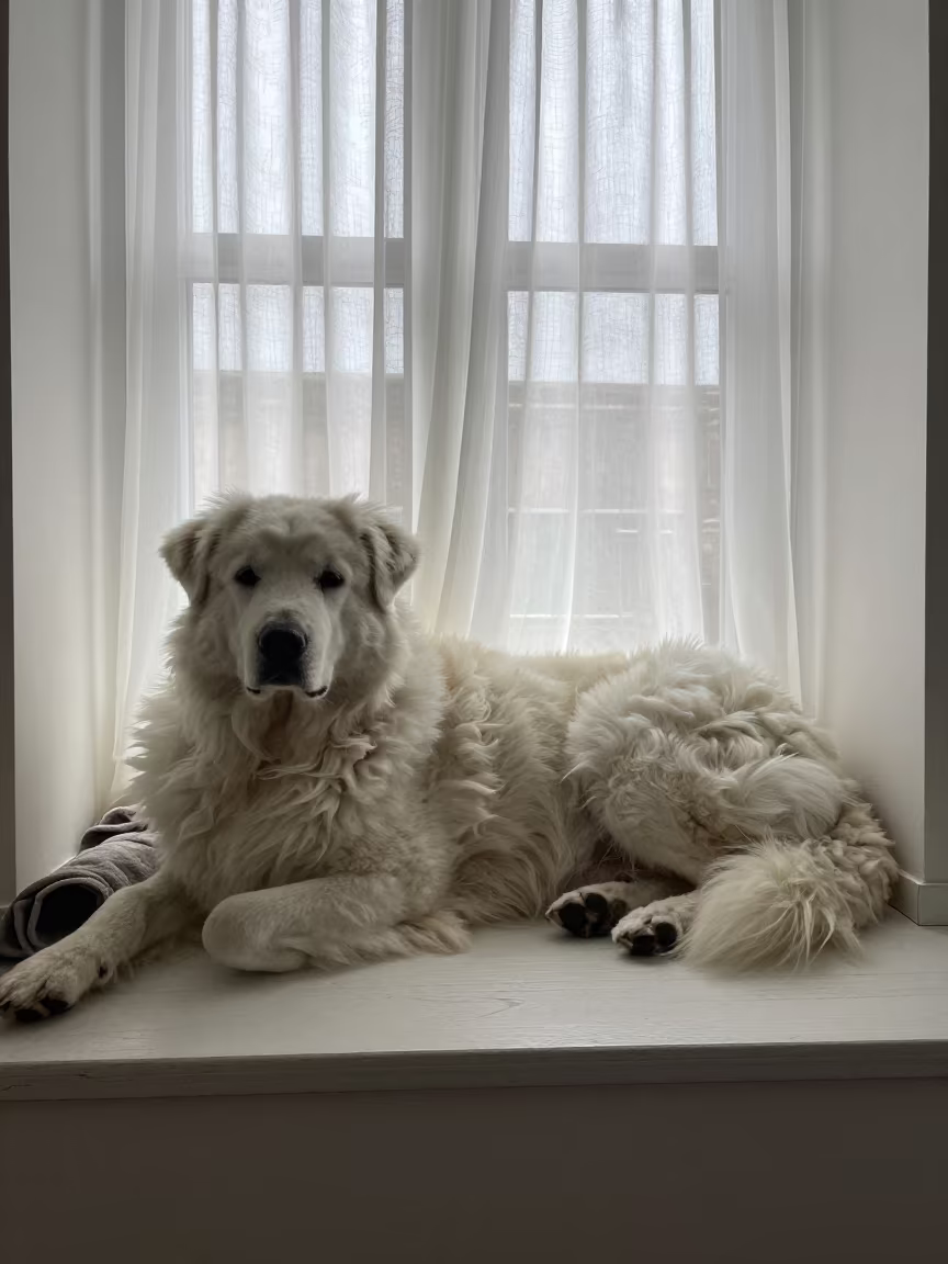 Bergamasco Sheepdog Resting on Window Seat in on a window seat in a quiet apartment with soft side light in Oran