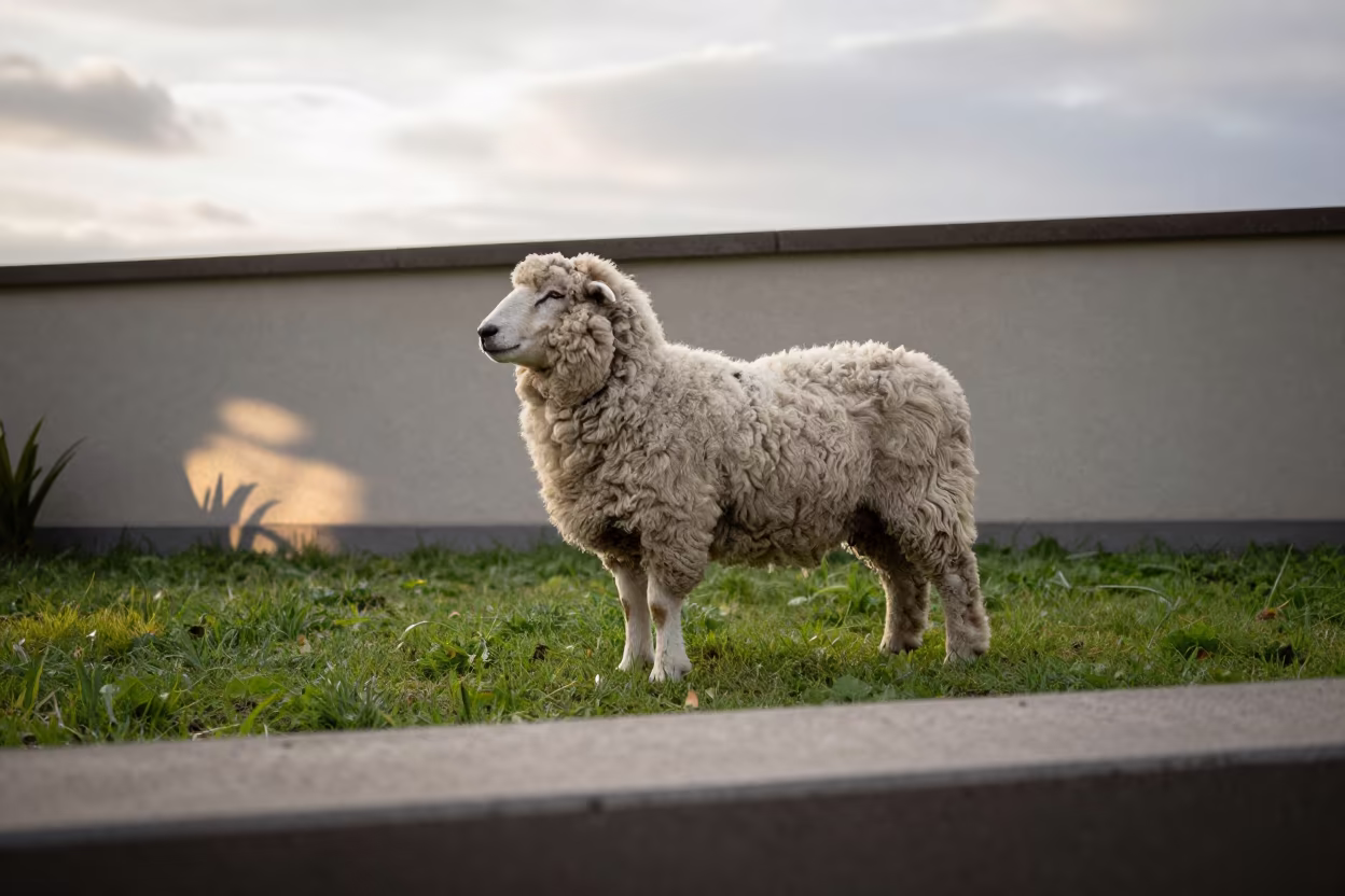 Bergamasco Sheepdog Standing in Tiflet Yard in in a small yard with clipped grass, calm light, and the animal centered in frame near Tiflet