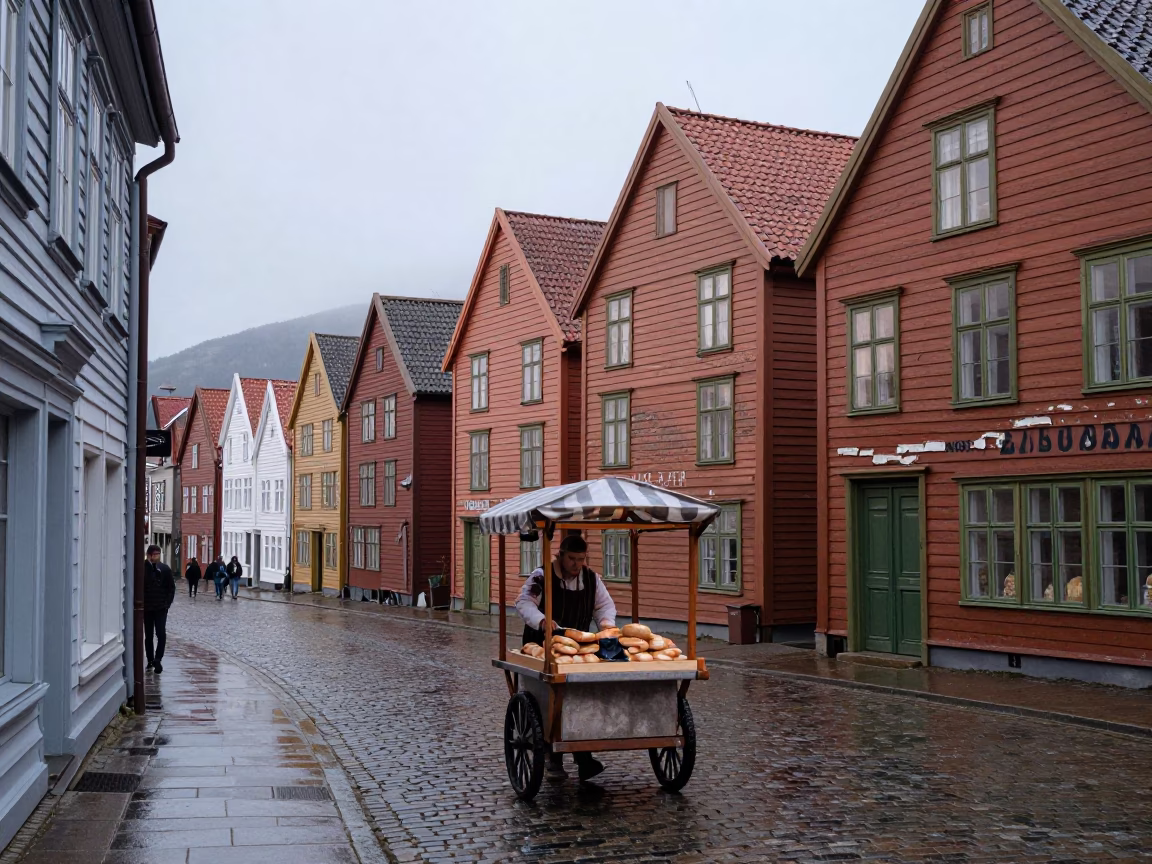 Bergen Baker at Early Morning Light in in Bergen, Norway